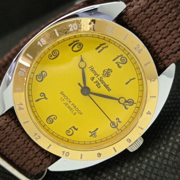 Vintage 1978 Henri Sandoz Manual Mens Silver Watch W/Cloth Strap & Yellow accent - Picture 1 of 8